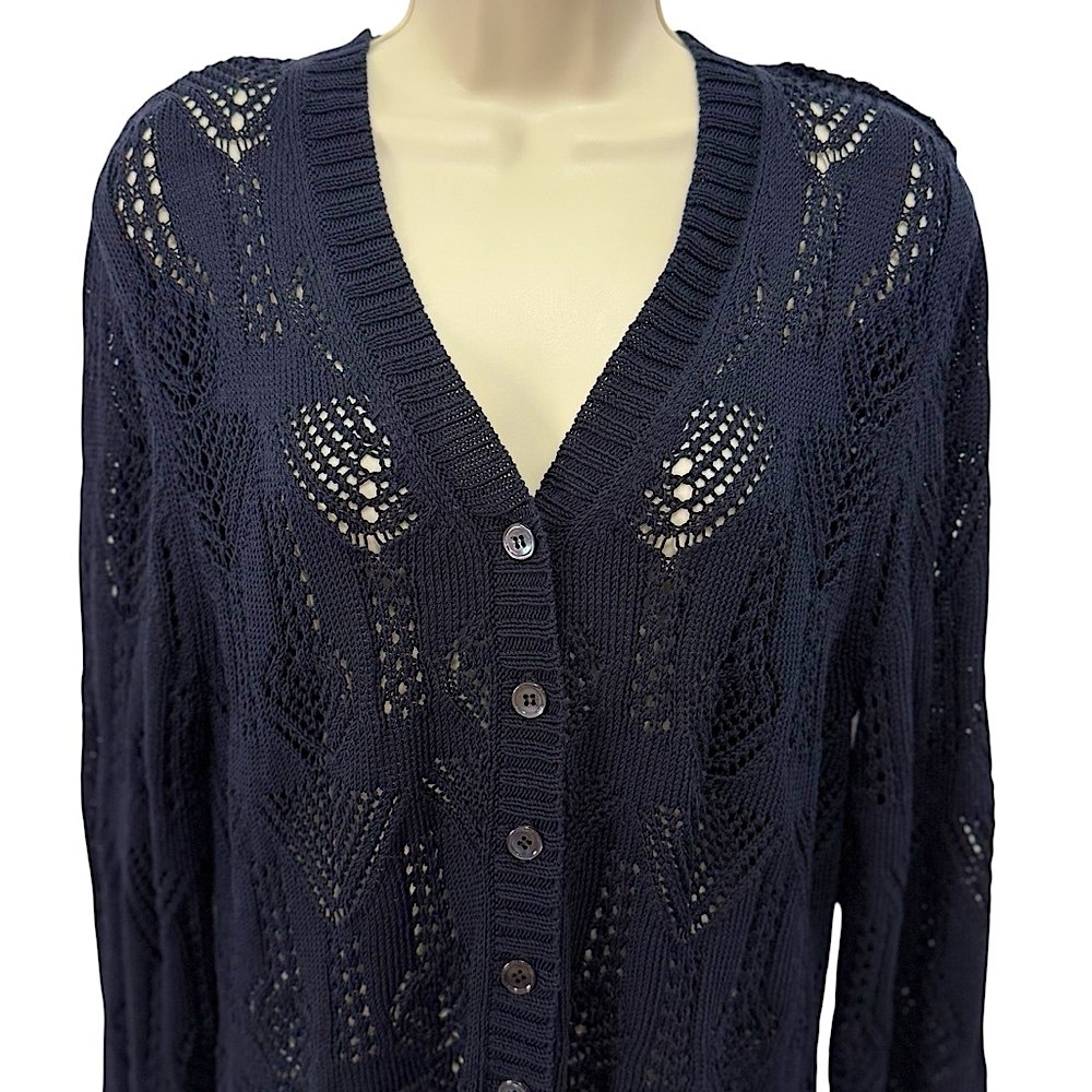 Doncaster Navy Open Knit Weave Cardigan Cotton Button Down Long Sleeve XL